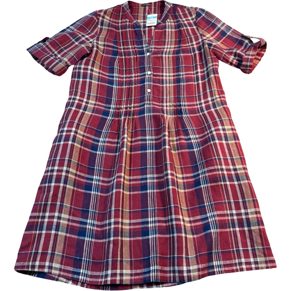 J McLaughlin Riviera Dress Women's L 100% Linen‎ Plaid Wine Navy Band Collar NWT
